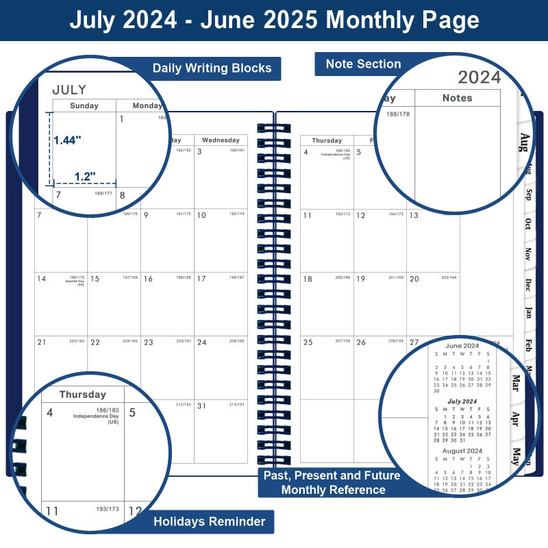BooQool 2024-2025 Planner - JULY 2024 - JUNE 2025, Planner 2024-2025, Academic Planner Weekly and Monthly with Tabs, 6.25""    8.3"", Strong Twin-Wire Binding, Round Corner, Improving Your Time Management Skill - Image 3